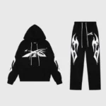 A black Hellstar Sports tracksuit featuring a graphic hoodie and matching drawstring pants with white flame designs.