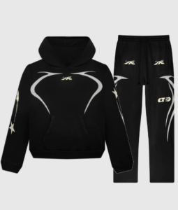 Hellstar Sports black tracksuit featuring a hooded sweatshirt and matching joggers with signature white graphic print design