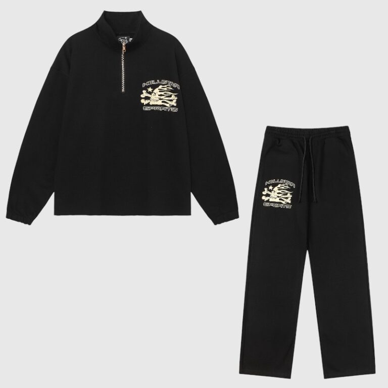 Hellstar Sports black unisex tracksuit featuring a premium cotton half-zip jacket and matching drawstring sweatpants.