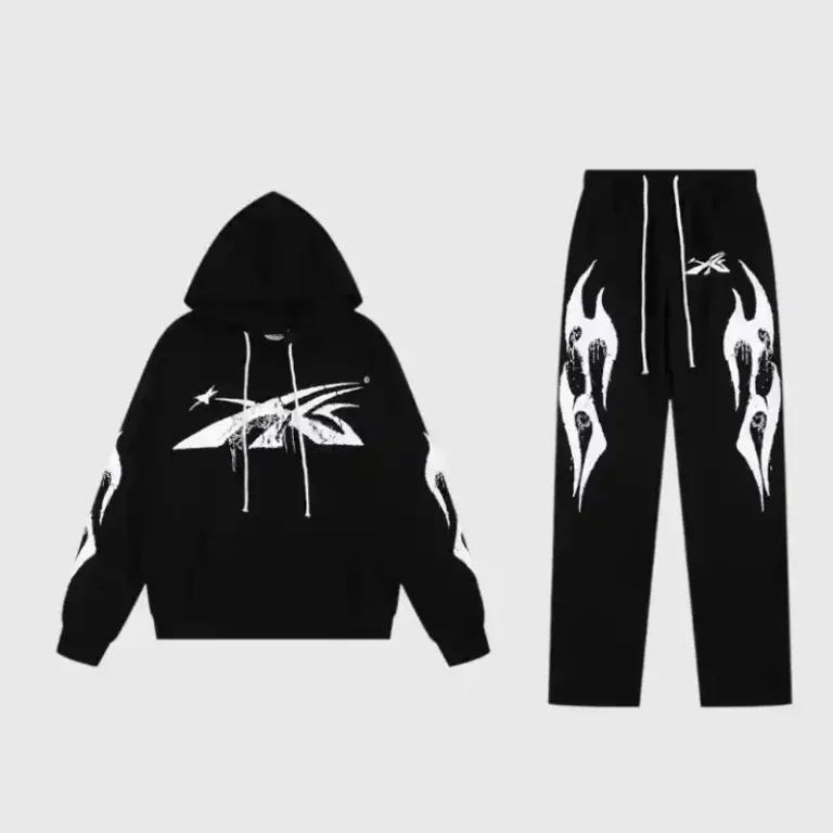 A black Hellstar Sports tracksuit featuring a graphic hoodie and matching drawstring pants with white flame designs.