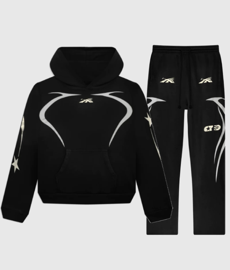 Hellstar Sports black tracksuit featuring a hooded sweatshirt and matching joggers with signature white graphic print design