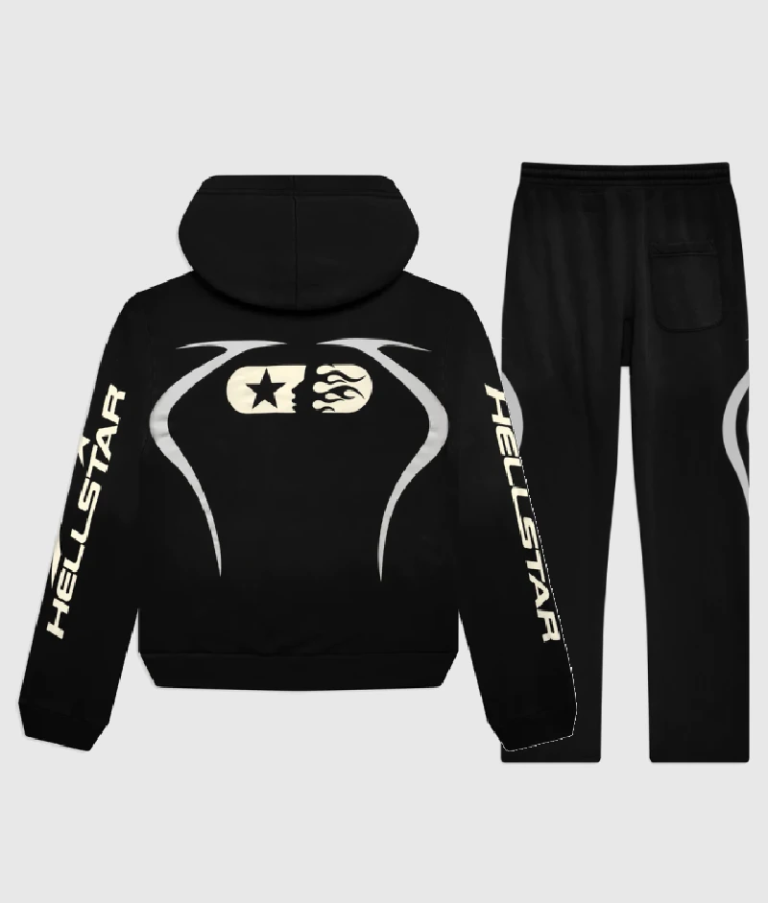 Back view of the black Hellstar Sports tracksuit featuring a hoodie and matching sweatpants with logo branding.