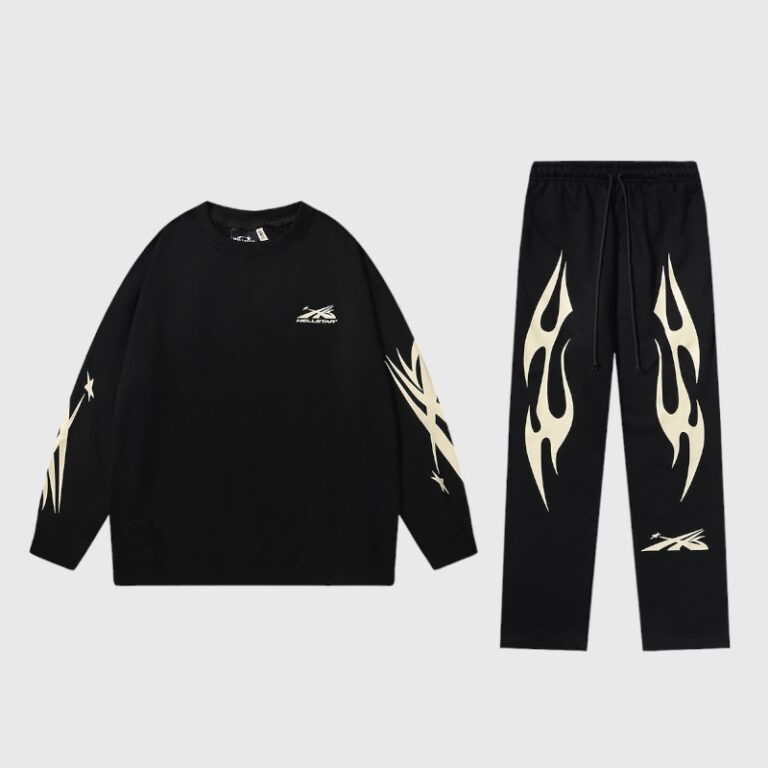 Black Hellstar Sports tracksuit set featuring a long-sleeve crewneck top and matching graphic sweatpants for men.
