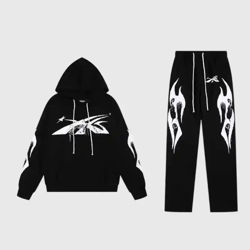 Hellstar Sports Black Tracksuit A black Hellstar Sports tracksuit featuring a graphic hoodie and matching drawstring pants with white flame designs.