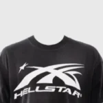 Hellstar Sports classic black t-shirt front view with bold white Hellstar logo and vintage athletic graphic, crewneck cotton