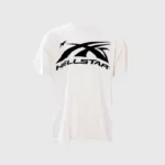 A classic white Hellstar Sports T-shirt with a bold black graphic logo on the chest, isolated on a light background.
