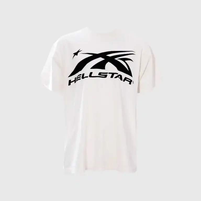 A classic white Hellstar Sports T-shirt with a bold black graphic logo on the chest, isolated on a light background.