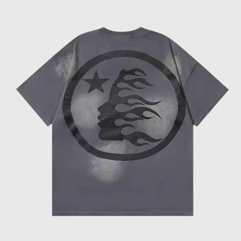 Back view of the dark grey Hellstar Sports Core Logo Gel T-Shirt featuring a circular flame graphic and a star icon.