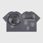 Front and back view of the dark grey Hellstar Sports Core Logo Gel T-Shirt with graphic flame and logo detailing.