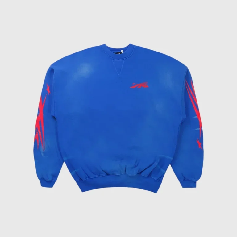 Blue Hellstar Sports crewneck sweater with red graphic sleeve detailing, shown from the front against a neutral background.