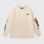 Premium Hellstar Sports cream crewneck sweater for men and women featuring signature black logo and sleeve graphics