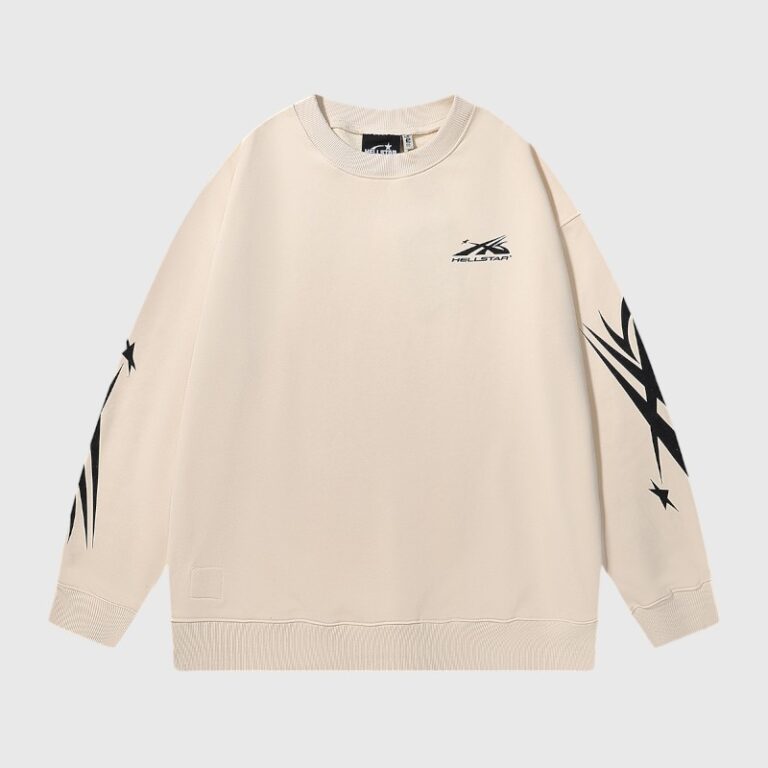 Premium Hellstar Sports cream crewneck sweater for men and women featuring signature black logo and sleeve graphics