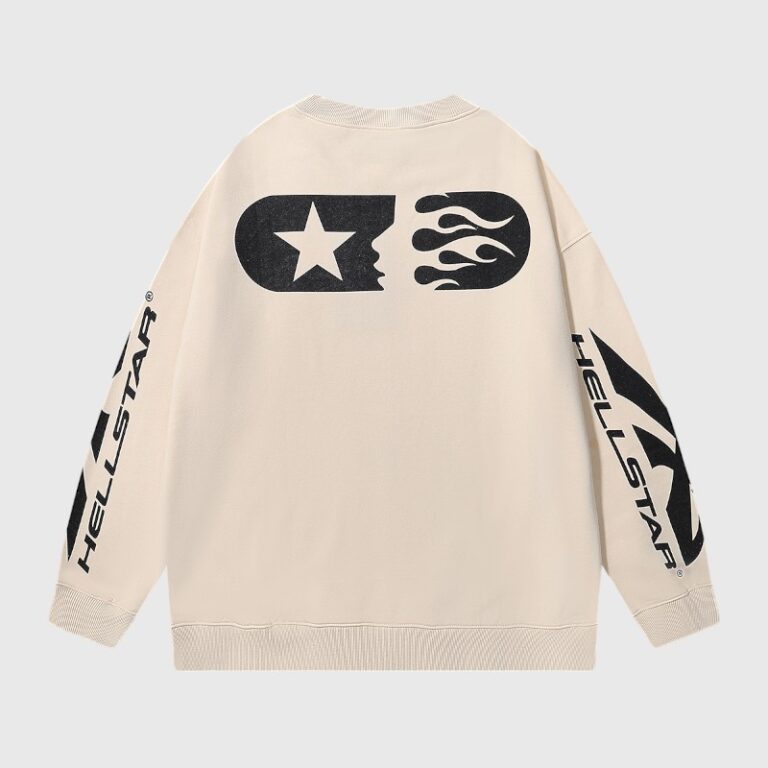Cream Hellstar Sports crewneck sweater featuring a black graphic of a star and flames with branded sleeve text
