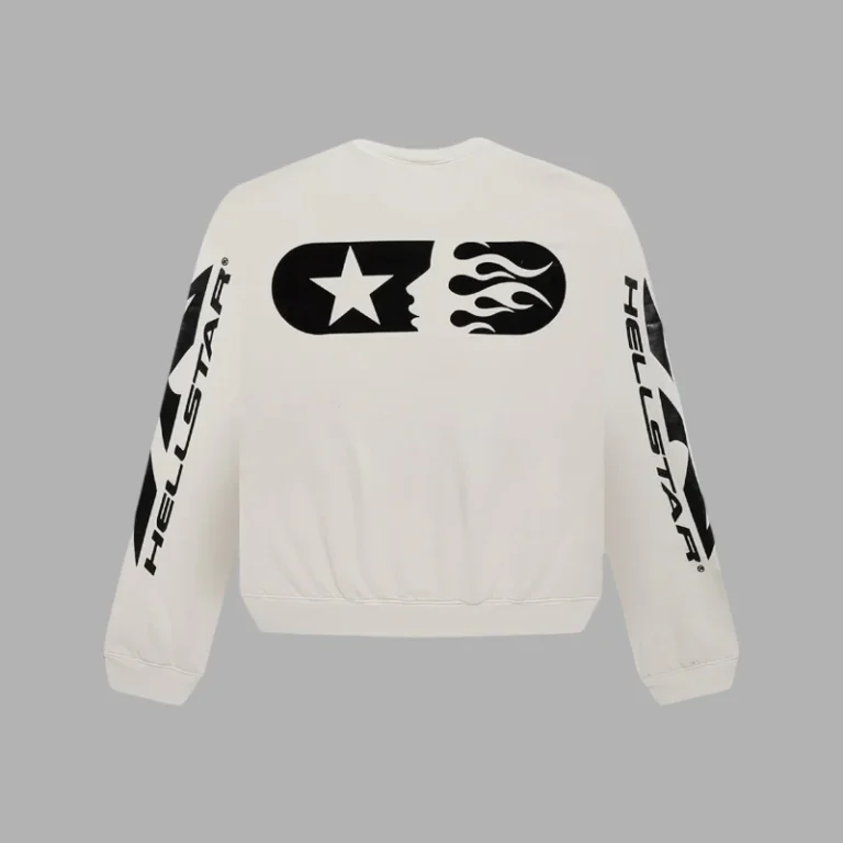 Back view of the Hellstar Sports Crewneck white sweater featuring bold black graphic logos on sleeves and chest.