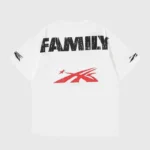 Back view of the white Hellstar Sports Family T-shirt featuring bold graphic lettering and a red athletic logo.