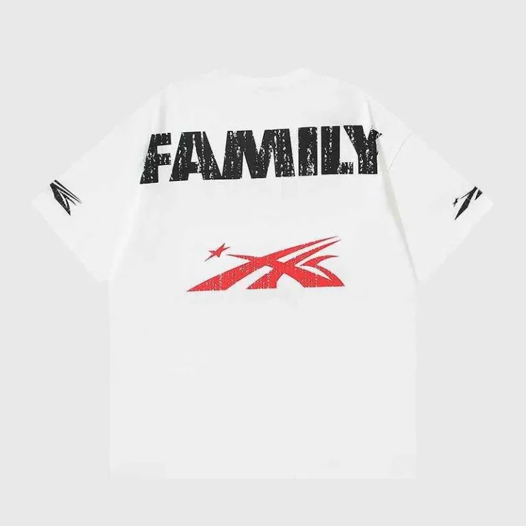 Back view of the white Hellstar Sports Family T-shirt featuring bold graphic lettering and a red athletic logo.