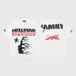 Front and back view of the white Hellstar Sports Family graphic t-shirt with a vintage screen print and unisex fit.
