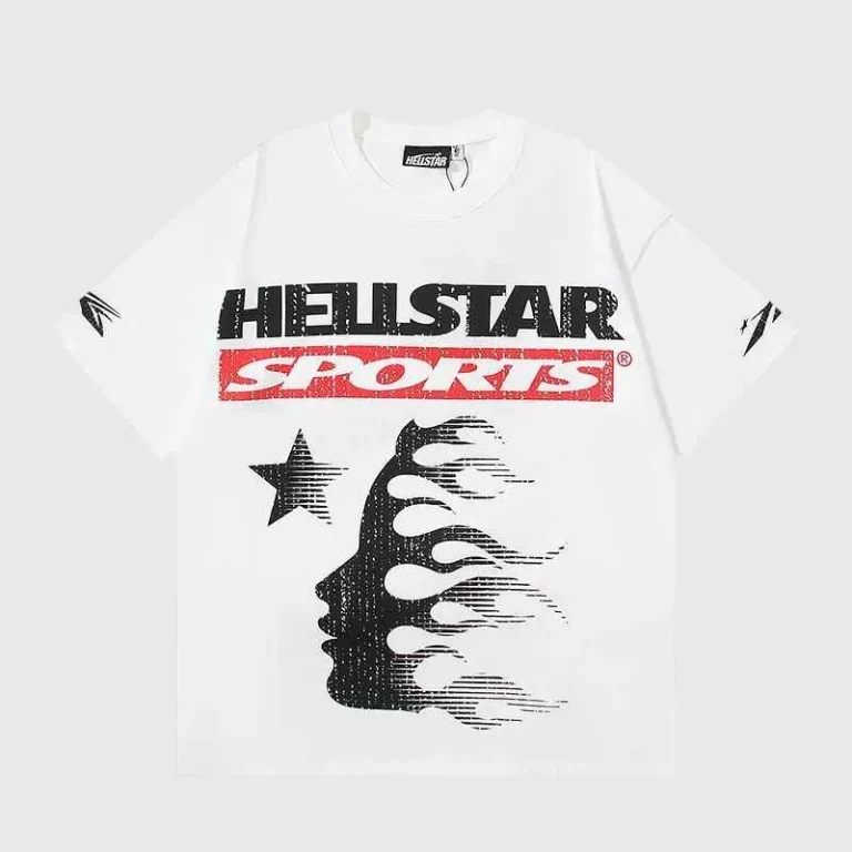 White Hellstar Sports Family T-Shirt featuring a graphic screen print logo with a flame face and star design.