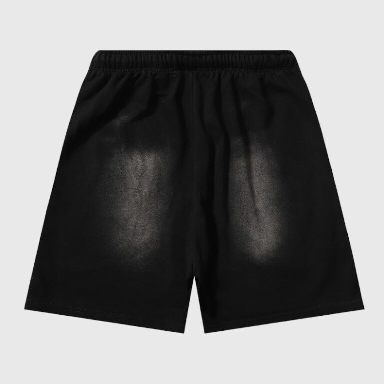 Black Hellstar Sports Flame shorts featuring a relaxed fit, vintage wash, and premium fleece construction for streetwear.