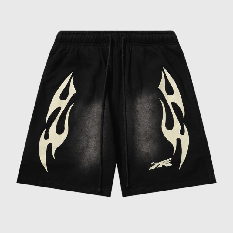 Front view of black Hellstar Sports Flame shorts featuring cream-colored graphic prints and a drawstring waistband.