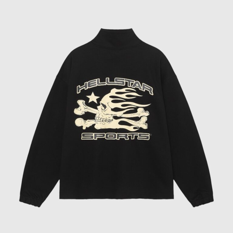 Black long sleeve shirt from Hellstar Sports featuring a graphic print of a flaming skull with crossed bones and a star.