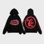 Hellstar Sports Future Flame tracksuit in black with red graphic logos on the front and back hoodie and sleeves.