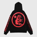 Back view of the black Hellstar Sports Future Flame hoodie featuring red flame graphics and logo branding.