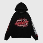 Front view of the black Hellstar Sports Future Flame hooded sweatshirt with bold red graphic flame branding detail.