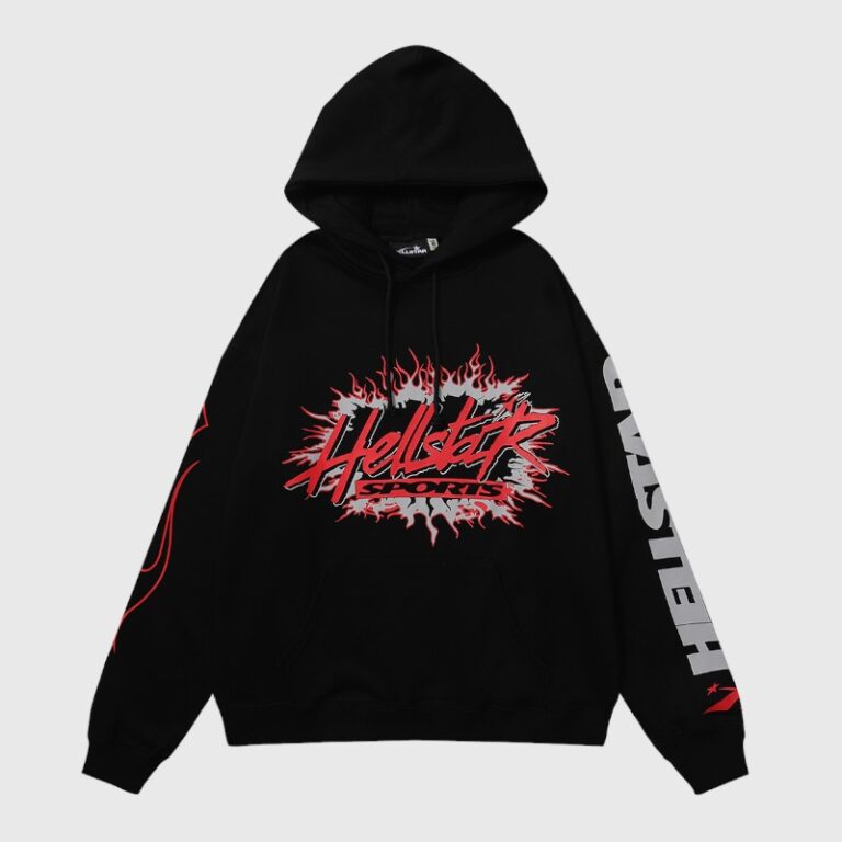Front view of the black Hellstar Sports Future Flame hooded sweatshirt with bold red graphic flame branding detail.