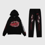Hellstar Sports Future Flame tracksuit in black with a hooded sweatshirt and matching graphic flame print pants.