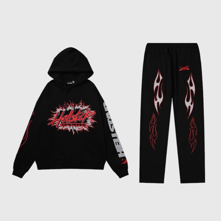 Hellstar Sports Future Flame tracksuit in black with a hooded sweatshirt and matching graphic flame print pants.