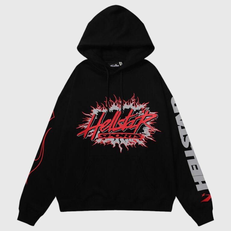 Hellstar Sports Future Flame Hoodie in black featuring red graphic logo print and long sleeves with drawstring hood.