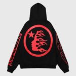 Back view of the black Hellstar Sports Future Flame hoodie featuring a red circular flame graphic and star logo design.