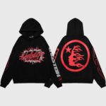 Hellstar Sports Future Flame Hoodie showing front and back views with red flame graphics on a black fleece base.