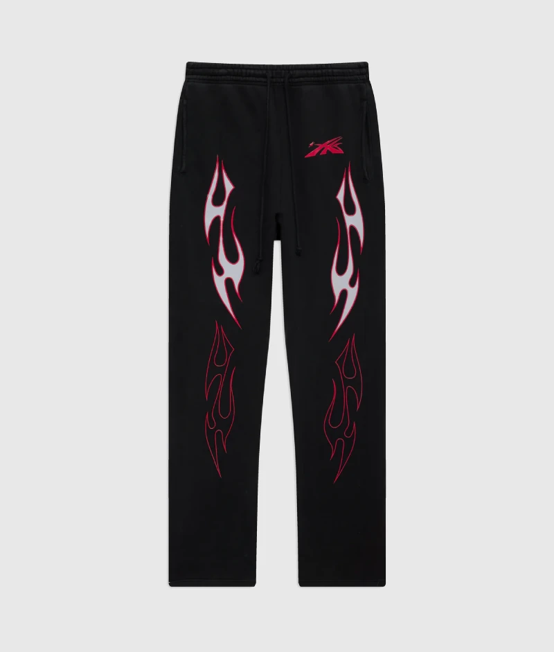 Hellstar Sports Future Flame sweatpants in black featuring pink and white flame graphic design details.