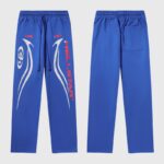 Hellstar Sports Gel Blue Sweatpants showing the front with graphic branding and the plain back view in premium fleece.