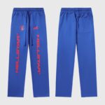 Front and back view of Hellstar Sports Gel Sweatpants in blue with red branding and elastic drawstring waist.