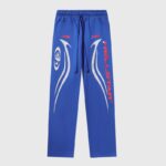 Hellstar Sports Gel blue sweatpants in a front view, featuring a relaxed fit, drawstring waist, and signature logos.