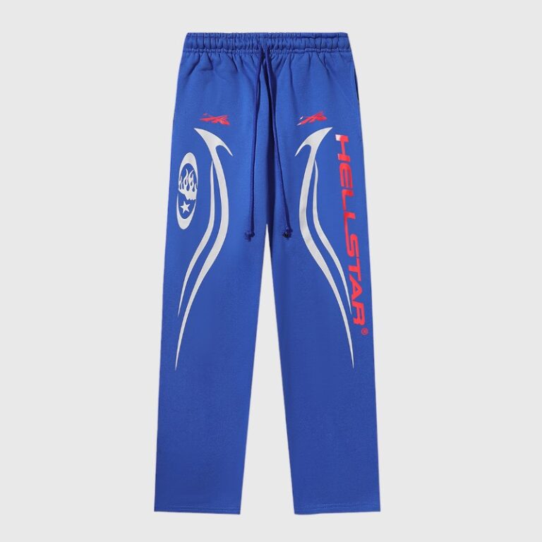Hellstar Sports Gel blue sweatpants in a front view, featuring a relaxed fit, drawstring waist, and signature logos.