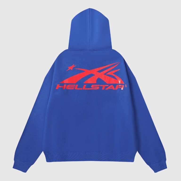 Back view of the vibrant blue Hellstar Sports Gel Hoodie with a bold red logo graphic on the back in Los Angeles.