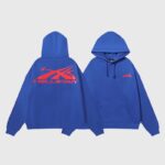 Front and back view of the vibrant blue Hellstar Sports Gel Hoodie with a distinctive red graphic gel logo design.