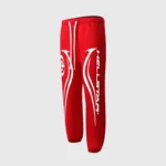 Front view of red Hellstar Sports Gel sweatpants with white graphic logo branding and adjustable drawstring waist
