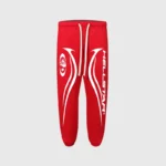Full view of the red Hellstar Sports Gel sweatpant featuring a white graphic screen print and drawstring closure.
