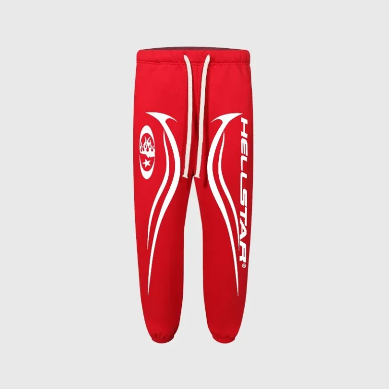 Full view of the red Hellstar Sports Gel sweatpant featuring a white graphic screen print and drawstring closure.