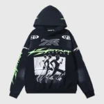 Black Hellstar hoodie with lime green and white Star Sports graphics and running figures printed on the front