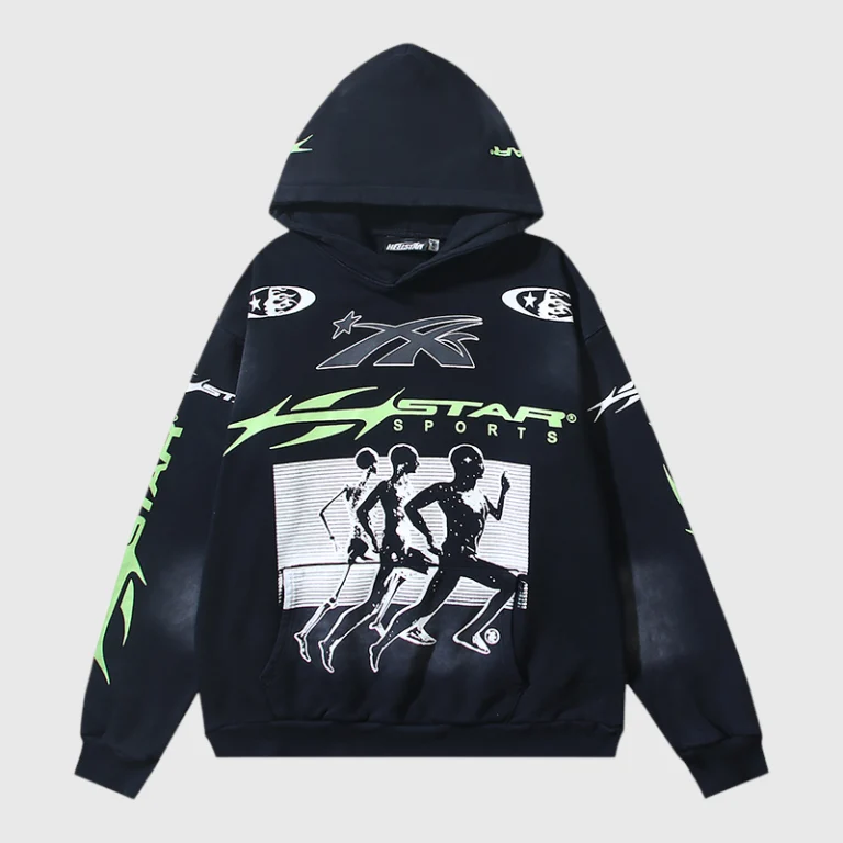 Black Hellstar hoodie with lime green and white Star Sports graphics and running figures printed on the front