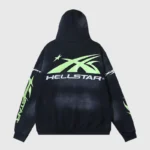 Back view of a black Hellstar Sports graphic print hoodie with neon green lettering and athletic-inspired branding.