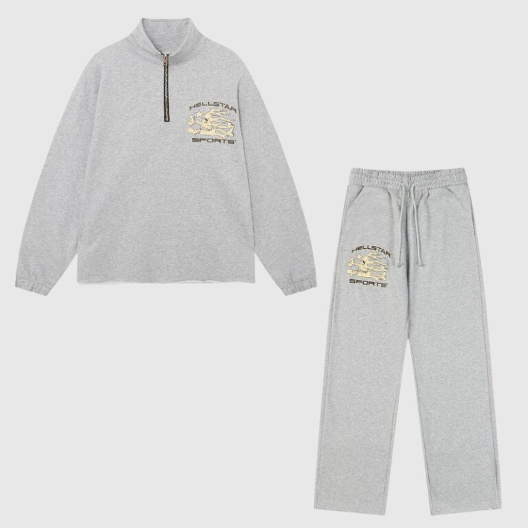 Hellstar Sports Grey Tracksuit featuring a half-zip pullover jacket and matching sweatpants with signature branding.