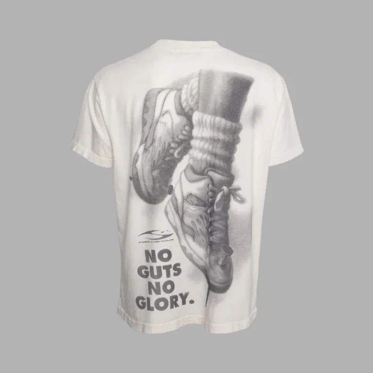 Back view of the Hellstar Sports Holy State T-shirt in white, featuring No Guts No Glory athletic footwear graphics.