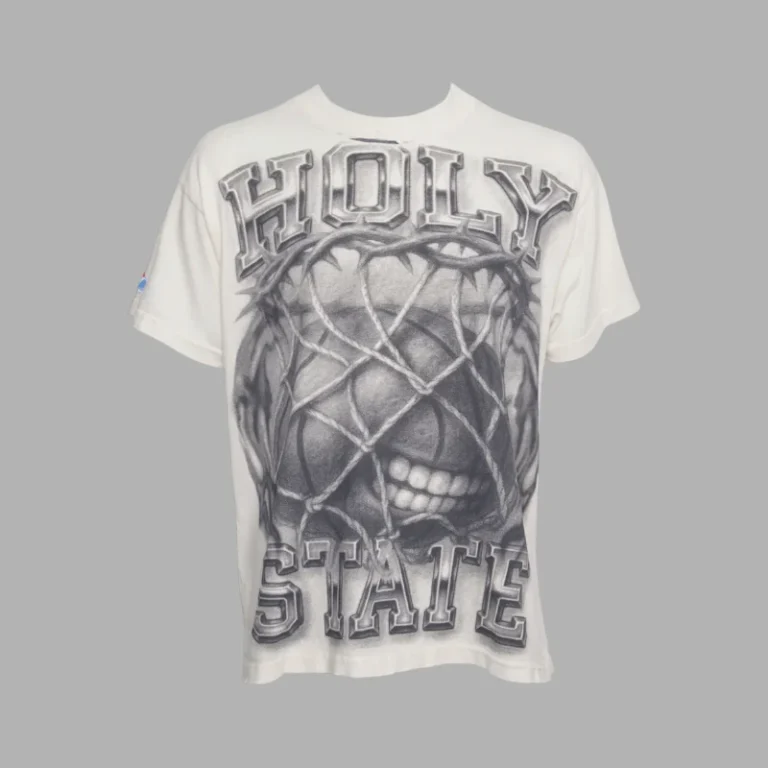 Hellstar Sports Holy State T-Shirt in white, featuring a premium graphic of a basketball and net with streetwear style.